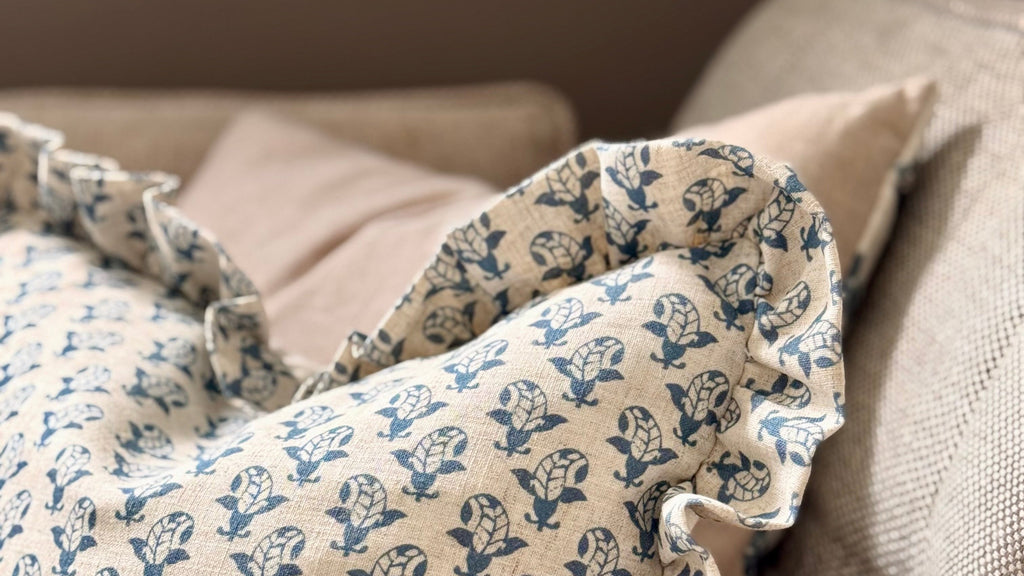 Block Printed Ruffle Cushion- Blue/ Linen