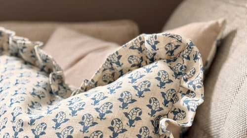 Block Printed Ruffle Cushion- Blue/ Linen