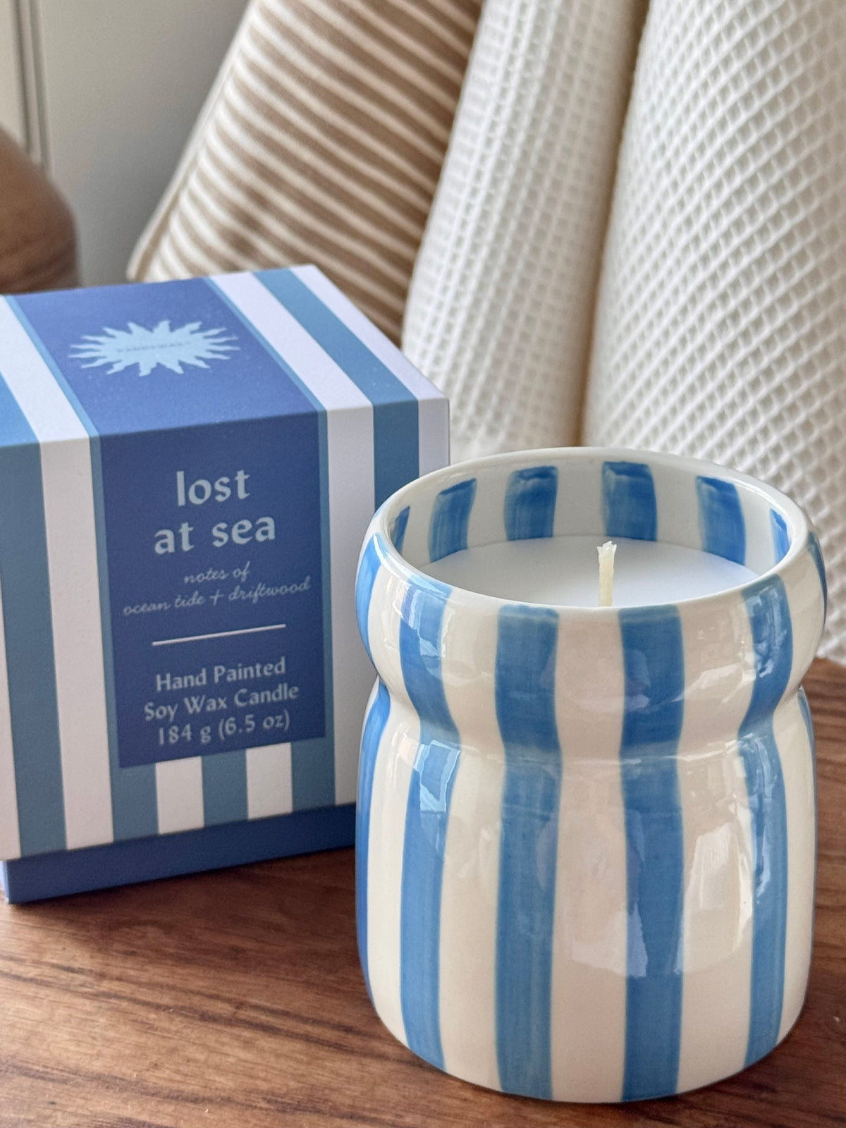 Blue Striped Ceramic Candle- Lost At Sea
