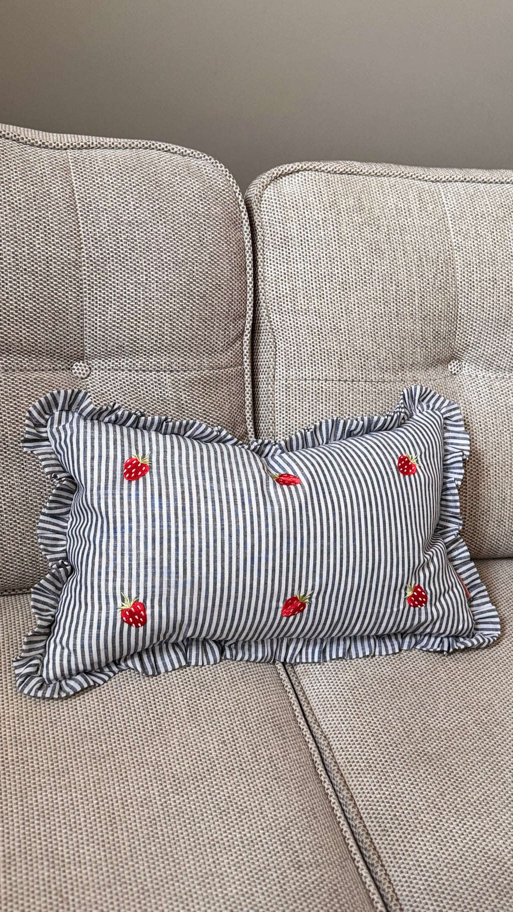 Embroidered Strawberry Ruffle Pillow