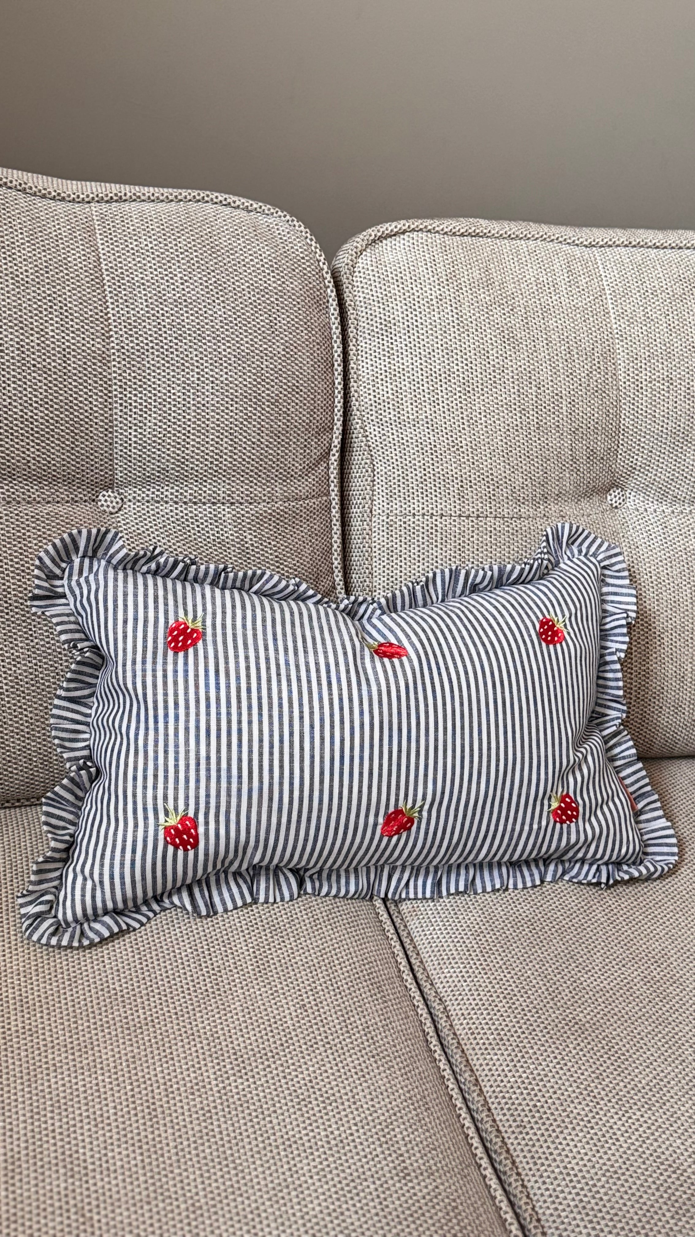 Embroidered Strawberry Ruffle Pillow