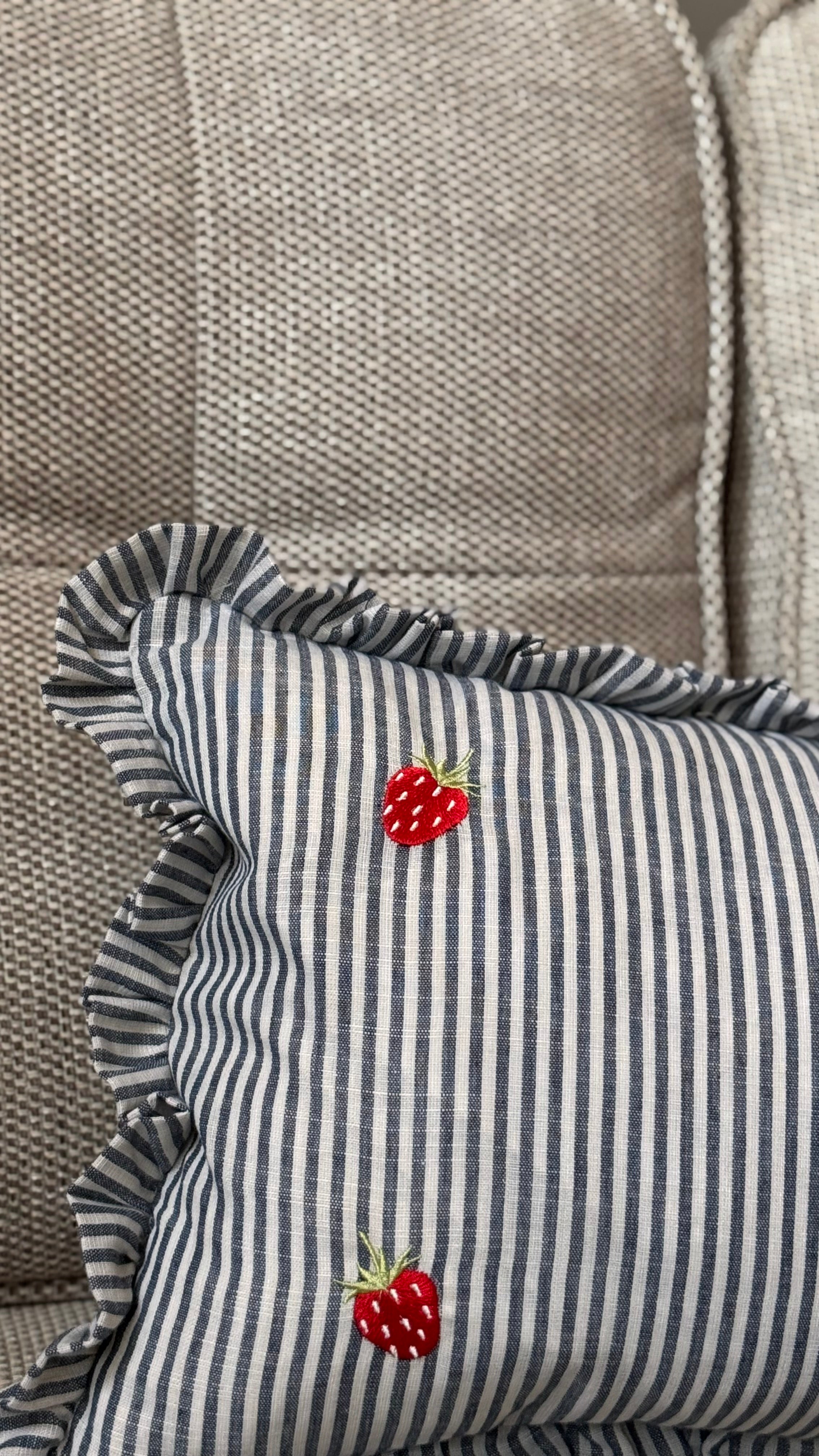 Embroidered Strawberry Ruffle Pillow