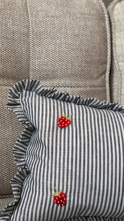 Embroidered Strawberry Ruffle Pillow