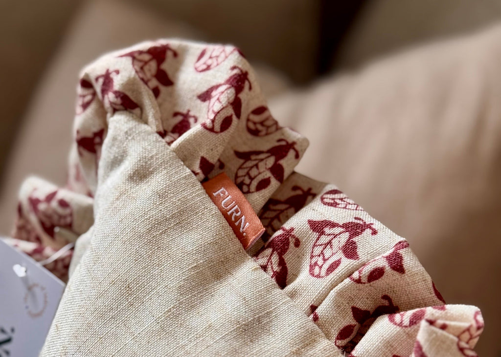 Block Printed Ruffle Cushion Red/Linen