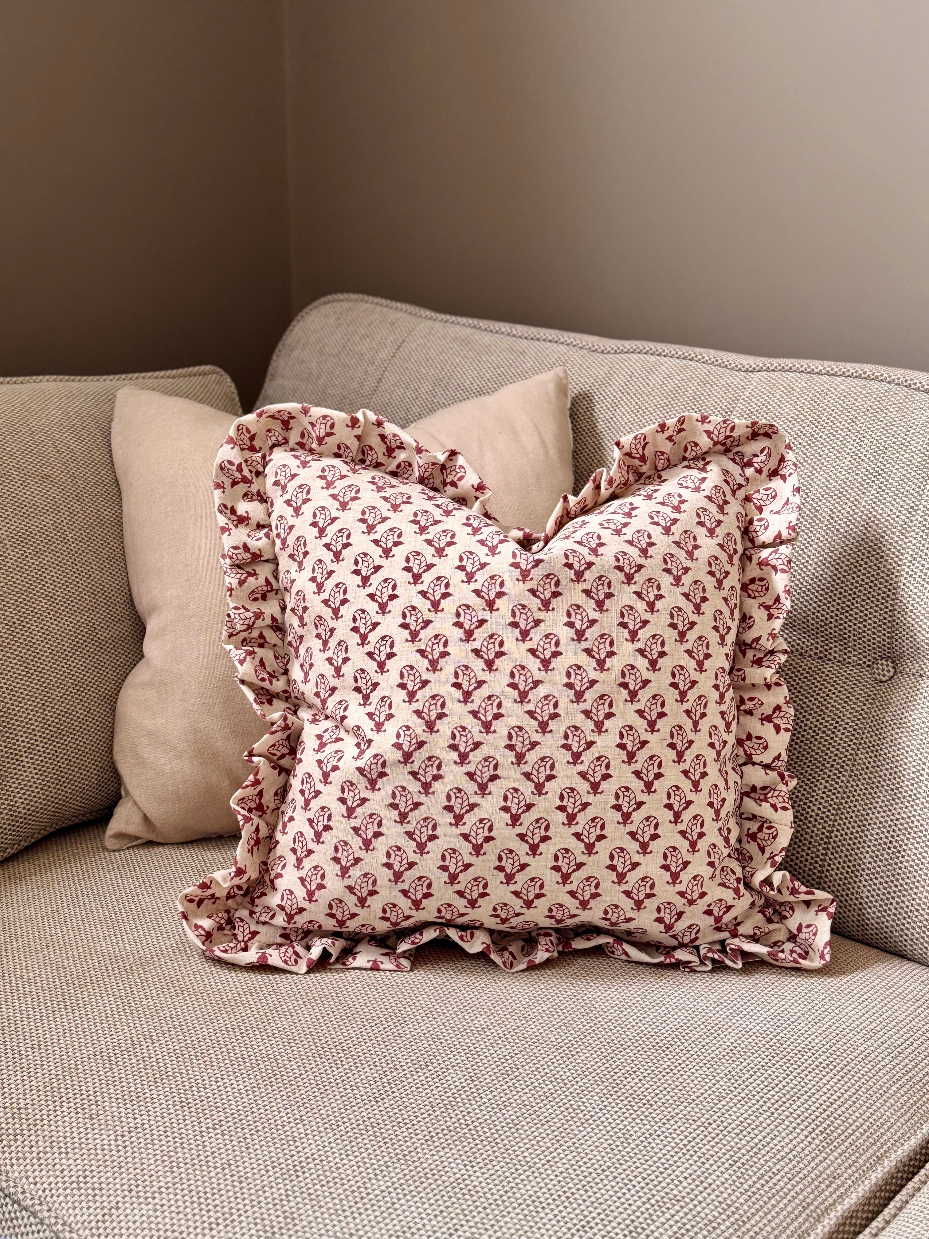 Block Printed Ruffle Cushion Red/Linen