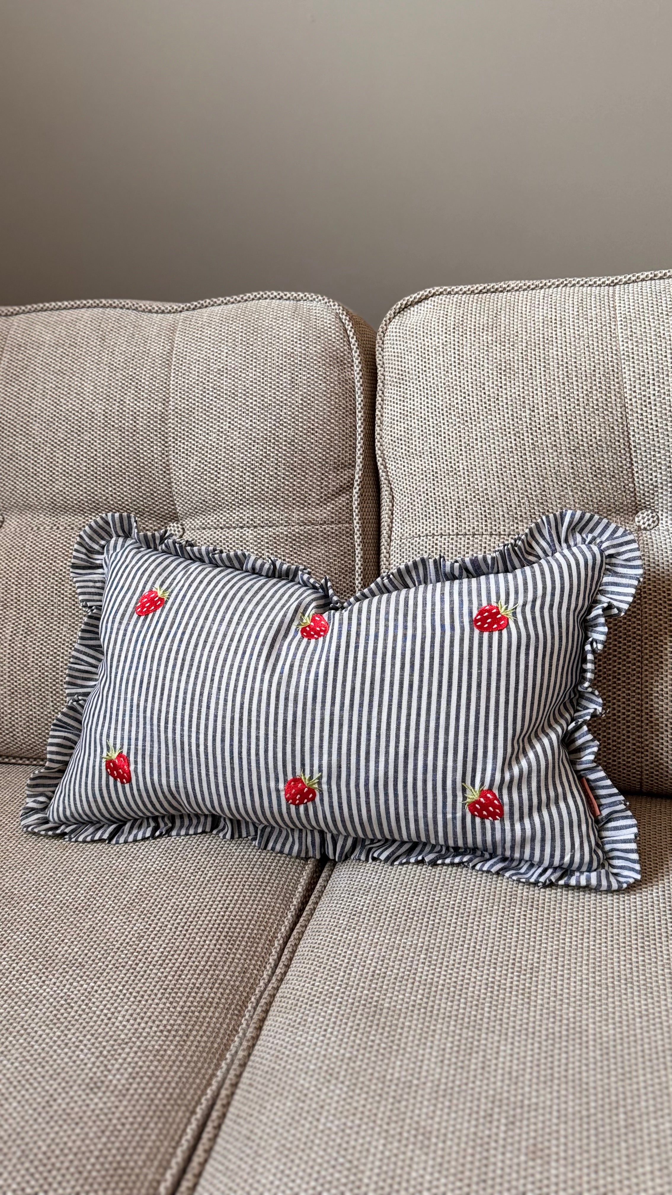 Embroidered Strawberry Ruffle Pillow