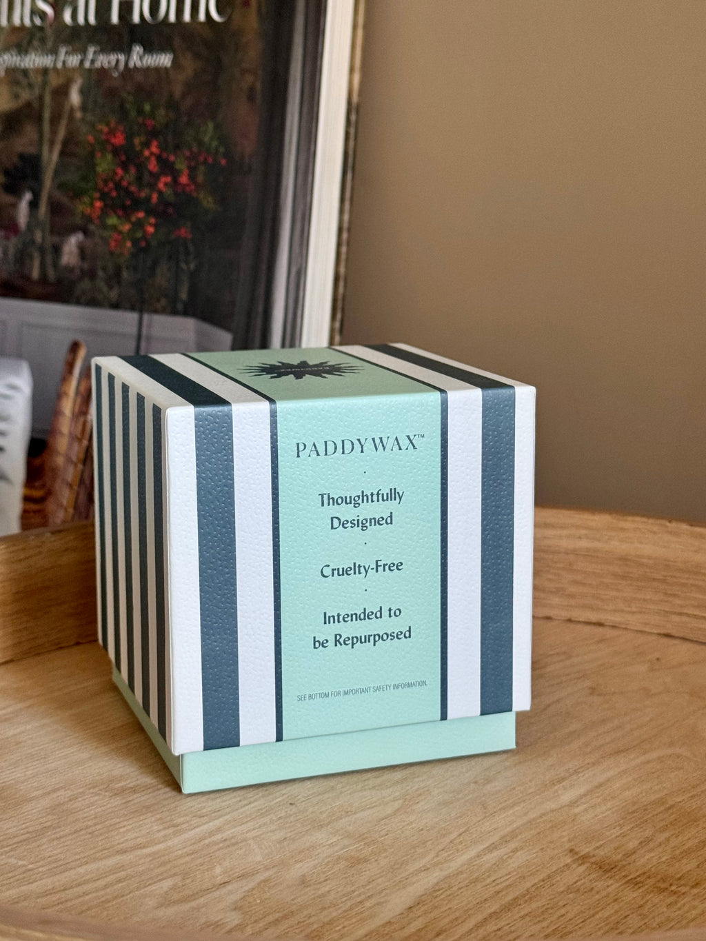 Teal Striped Ceramic Candle