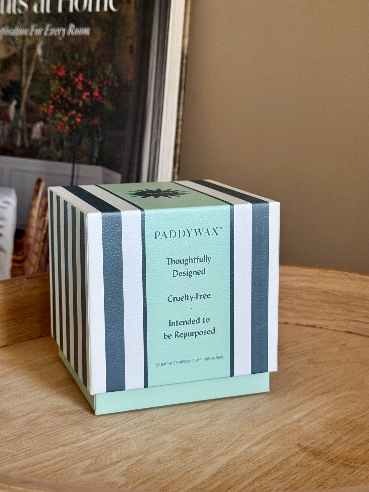 Teal Striped Ceramic Candle