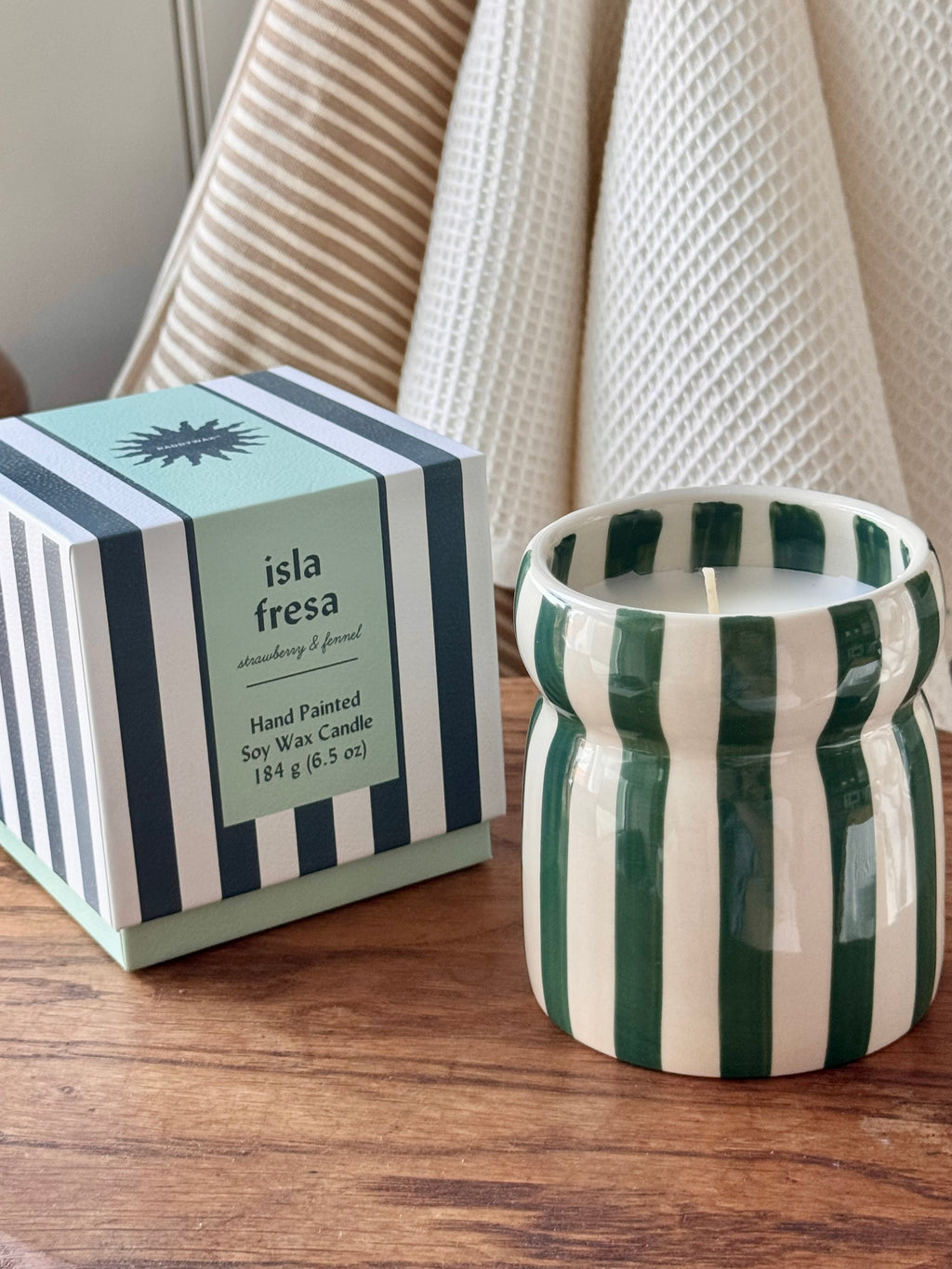 Teal Striped Ceramic Candle