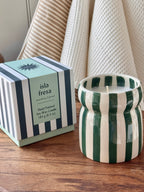 Teal Striped Ceramic Candle