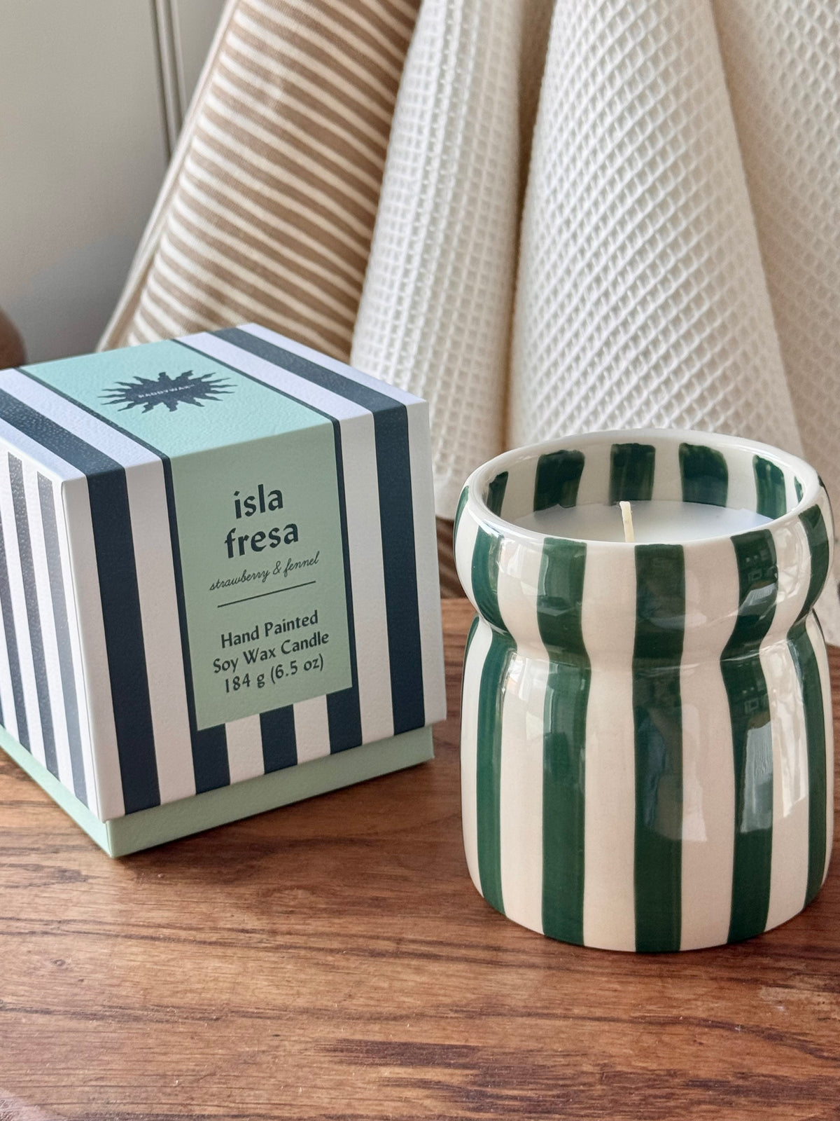 Teal Striped Ceramic Candle