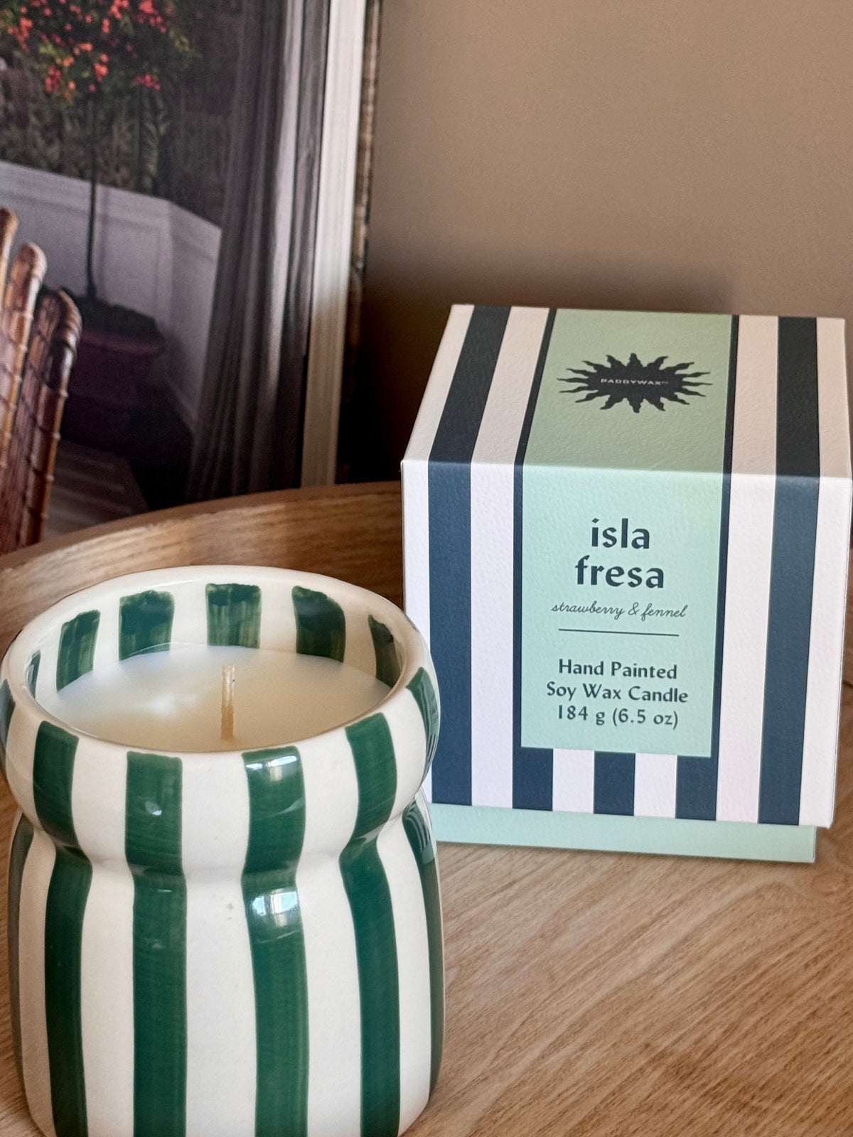 Teal Striped Ceramic Candle