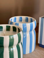 Teal Striped Ceramic Candle