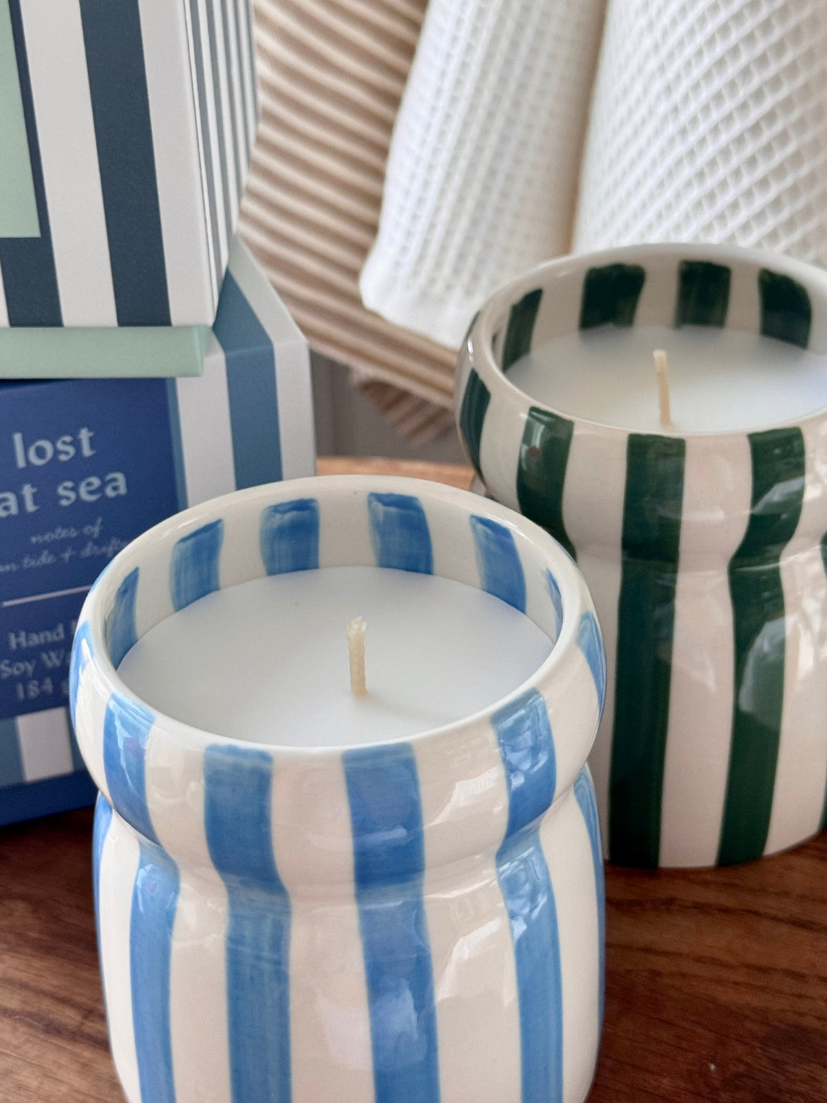 Blue Striped Ceramic Candle- Lost At Sea