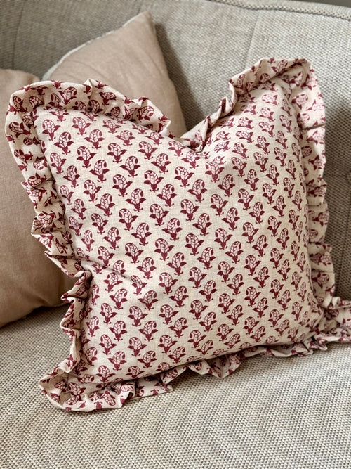 Block Printed Ruffle Cushion Red/Linen
