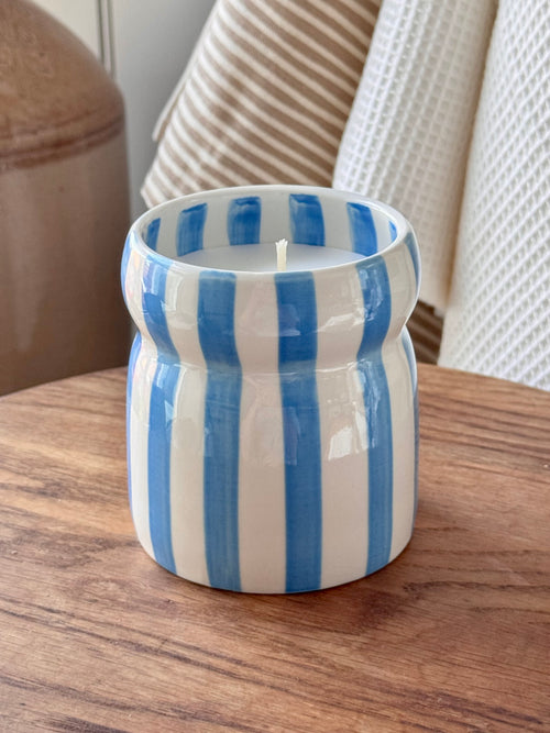 Blue Striped Ceramic Candle- Lost At Sea
