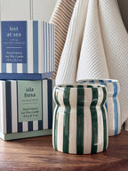 Teal Striped Ceramic Candle