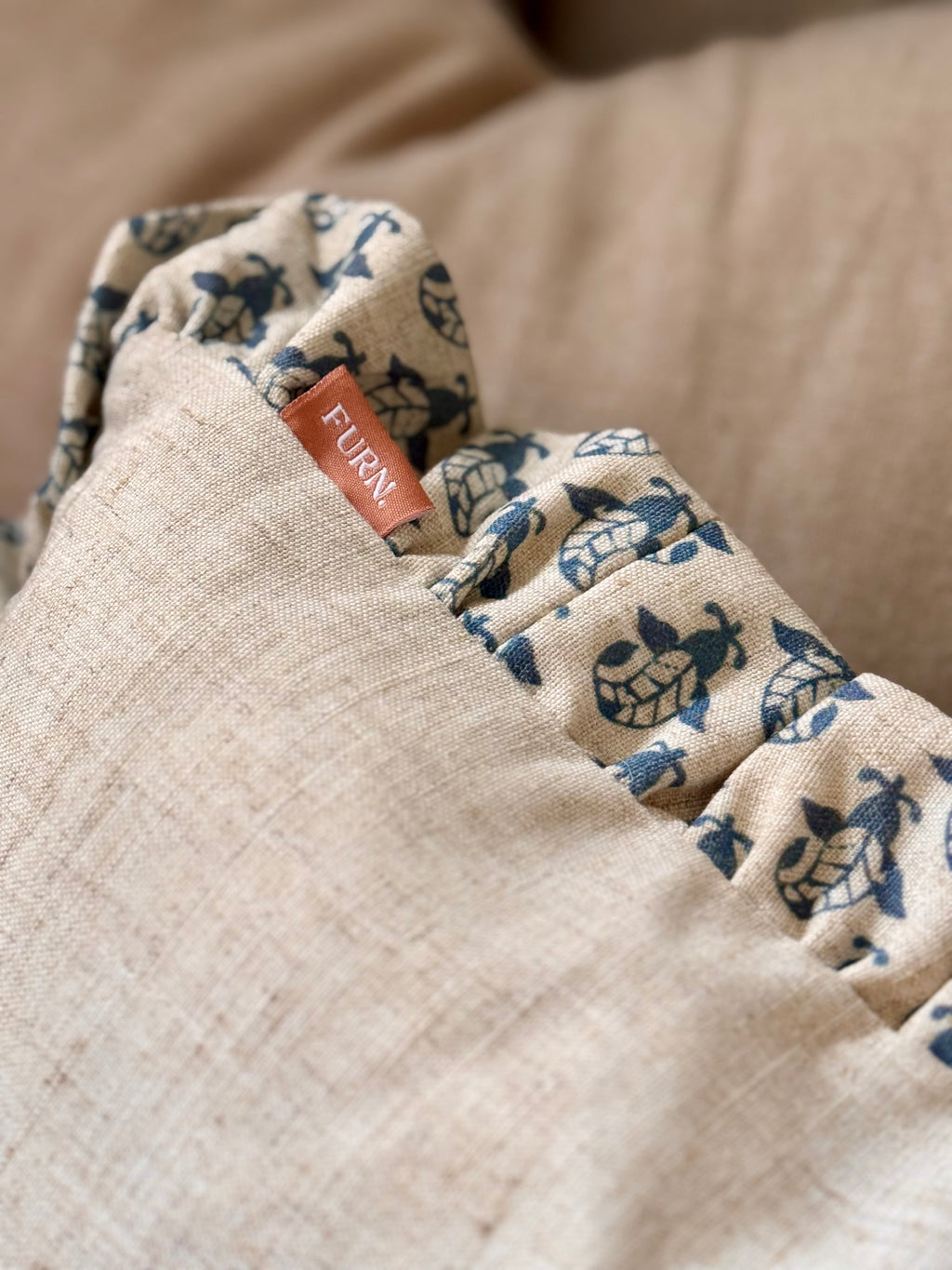 Block Printed Ruffle Cushion- Blue/ Linen