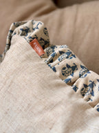 Block Printed Ruffle Cushion- Blue/ Linen