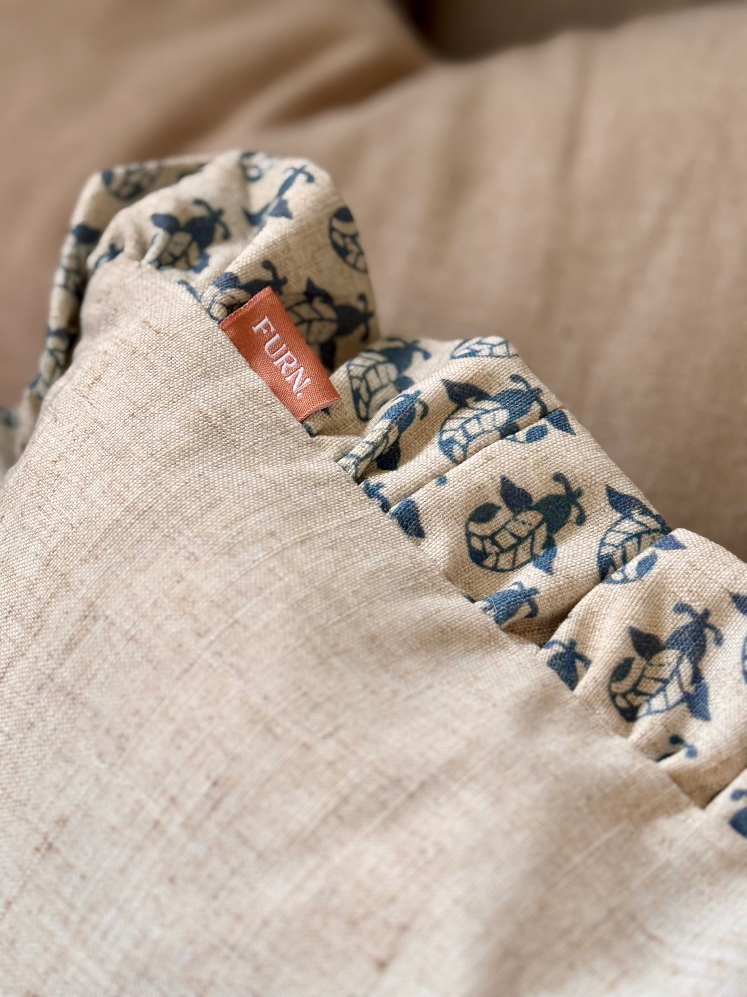 Block Printed Ruffle Cushion- Blue/ Linen