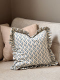 Block Printed Ruffle Cushion- Blue/ Linen