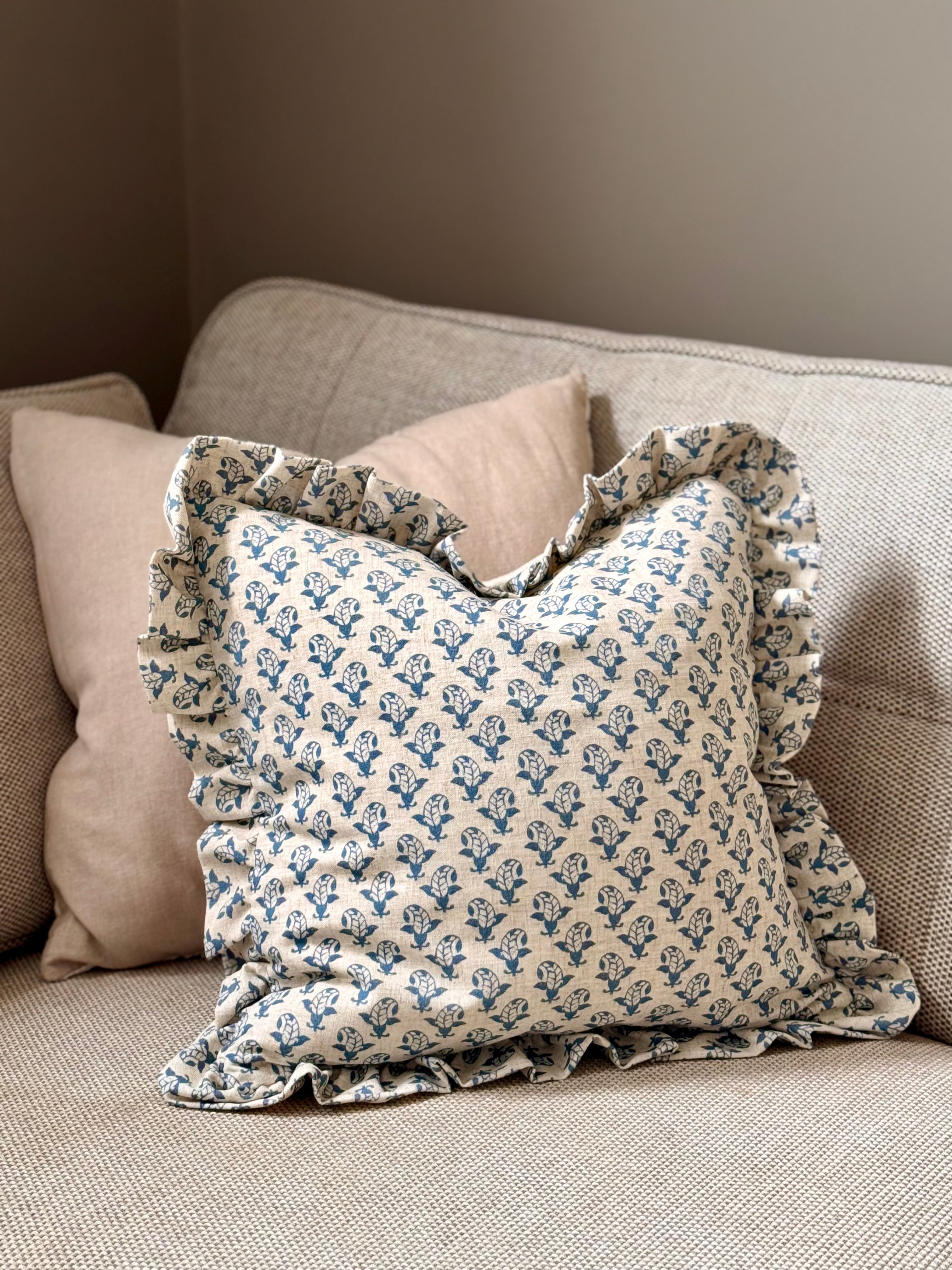 Block Printed Ruffle Cushion- Blue/ Linen